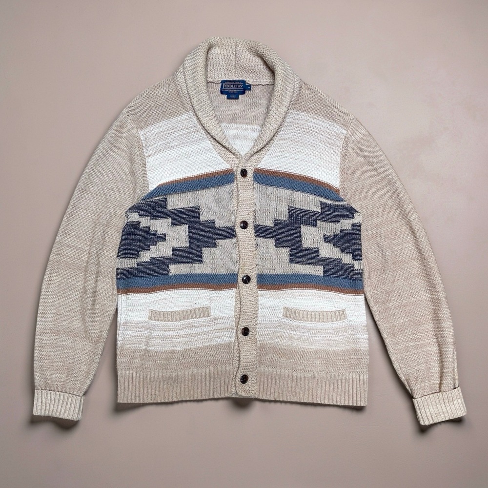 Pendleton Mens M Beige Cotton Southwest Geometric Cardigan Sweater Shawl Collar